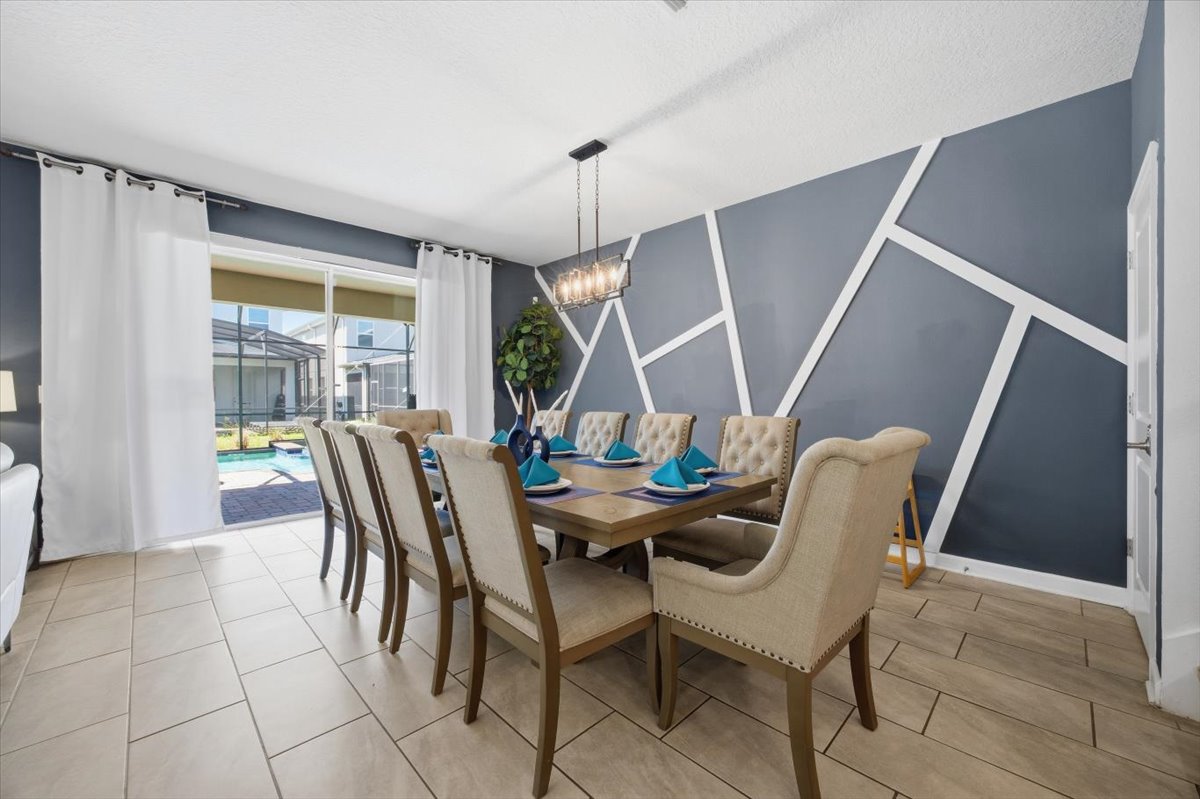 Formal dining room with pool view