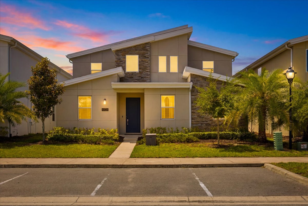 Front exterior at twilight